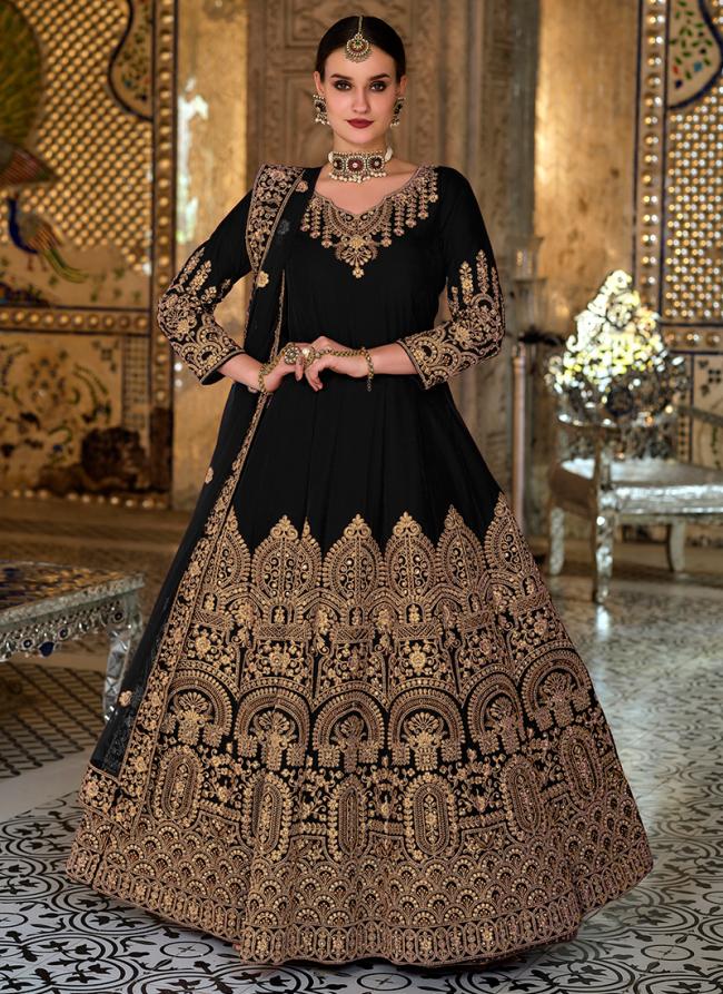 Velvet Black Wedding Wear Embroidery Work Anarkali Suit